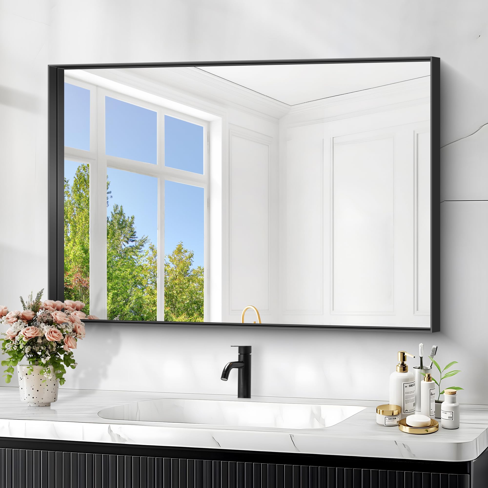 小物 Less than human OkaOde 5188 BONEWEI Bathroom Mirror 26x38 inch, Black Rectangle Wall
